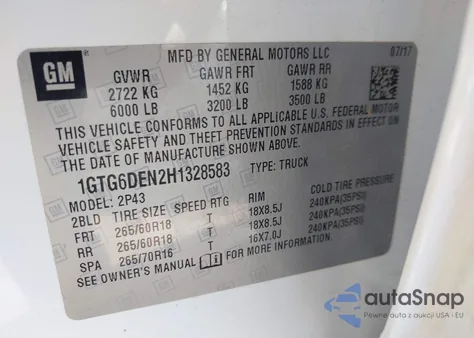 2017 GMC Canyon Slt z USA, uszkodzony, nr VIN 1GTG6DEN2H1328583